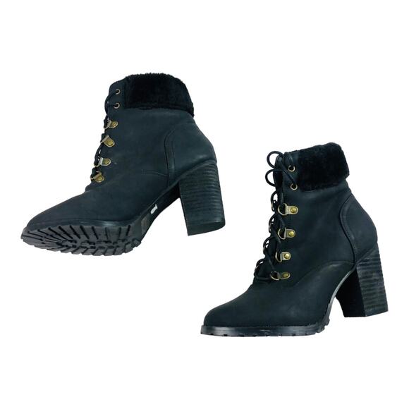 Comfort Plus Womens Black Chunky High Heeled Lace Up Combat Boot Faux Fur Size 7 - Picture 3 of 7